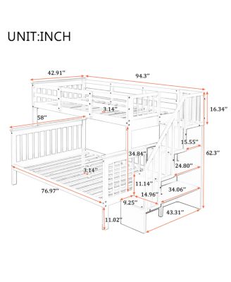 Stairway Twin-Over-Full Bunk Bed with Storage and Guard Rail
