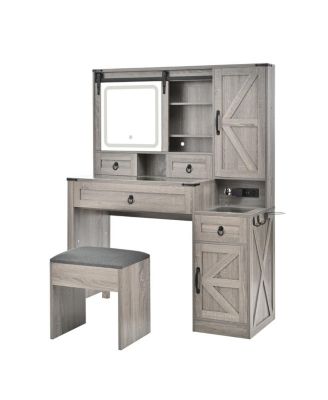 Farmhouse Vanity Desk with Sliding Mirror, Lights, Charging