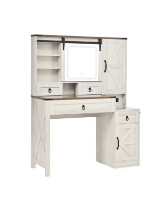 Farmhouse Vanity Desk with Sliding Mirror, Lights, Charging