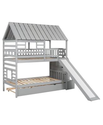 Twin over Twin House Bunk Bed with Trundle, Slide, Stairs, Roof, Window