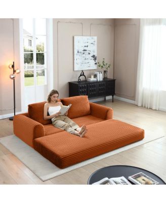  2-in-1 Folding Convertible Sofa Bed, Modern Corduroy Sleeper Couch with 2 Pillows, Orange