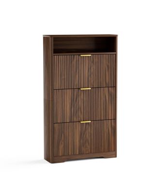 Walnut Shoe Cabinet with 3 Flip Drawers, 31.6" L x 9.6" W x 54.4" H