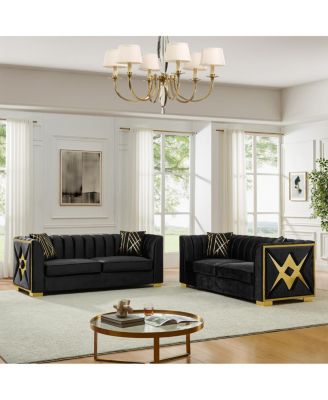 Streamdale Luxurious Velvet Sofa with Geometric Gold Hardware & Metal Feet