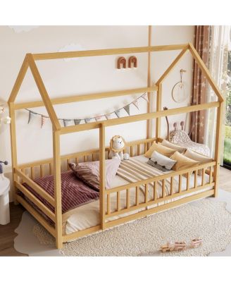 Twin Size Floor Wooden Bed with House Roof Frame, Fence Guardrails