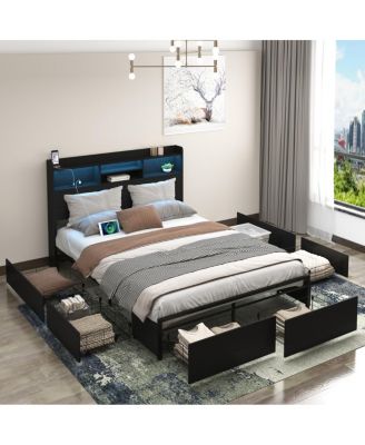 Queen Bed Frame with 6 Storage Drawers, LED, Charging Station, Black