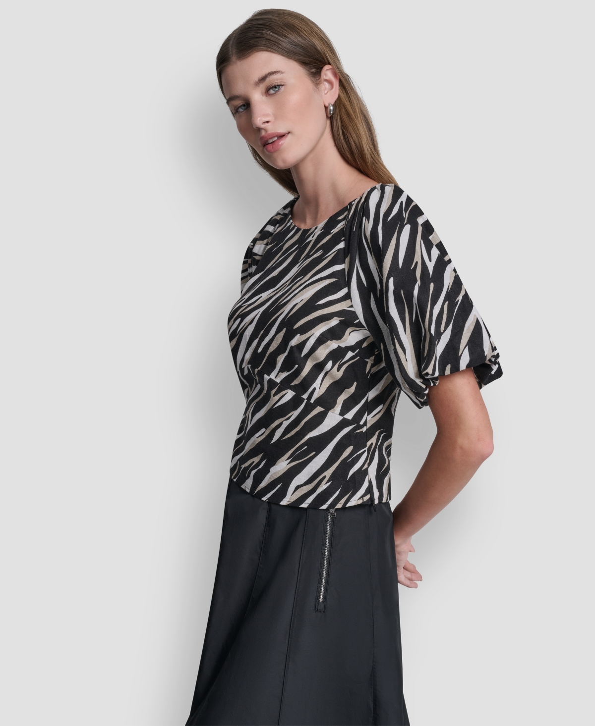 Dkny Women's Printed Scoop-Neck Short-Puff-Sleeve Top