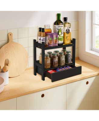 2-Tier Bamboo Counter Organizer with Drawer Bamboo for Vanity, Matcha Station, Bathroom Sink Organizer Countertop, Kitchen & Office Storage