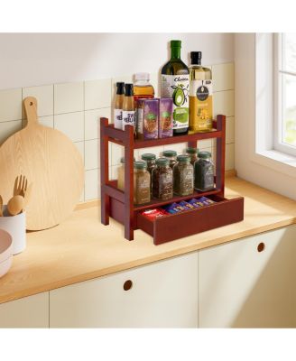 2-Tier Bamboo Counter Organizer with Drawer Bamboo for Vanity, Matcha Station, Bathroom Sink Organizer Countertop, Kitchen & Office Storage