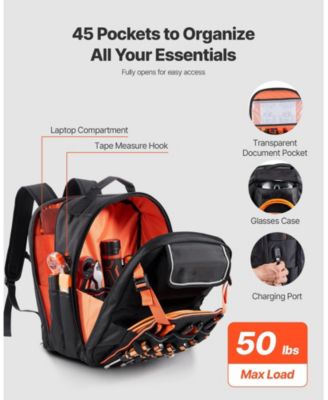 Tool Backpack, 45 Pockets, Heavy-Duty Tool Organizer with Laptop Compartment & Reinforced Fabric Base, Electrician Jobsite Bag