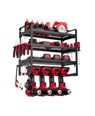 Wall-Mount Power Tool Organizer, 4-Tier Storage Rack with 4 Drill Holders, Screwdriver Holder, Garage Tool Storage Rack