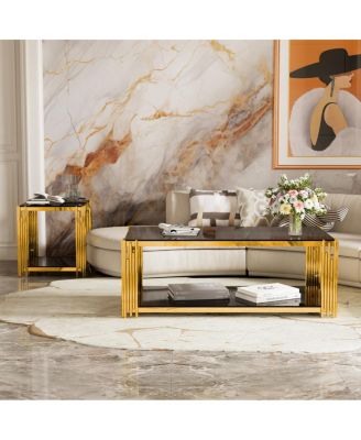 Modern Black Mirror End Table with Gold Finish & Lower Shelf, 19.9