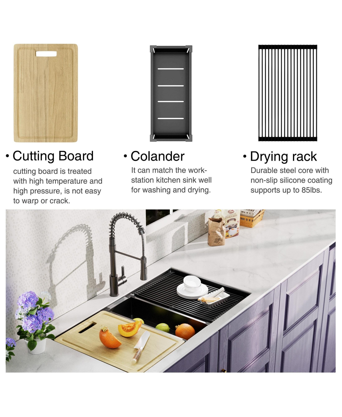 flynama huluwat 32x19x10inch Gunmetal Black Undermount Workstation Kitchen Sink Stainless Steel 18 Gauge