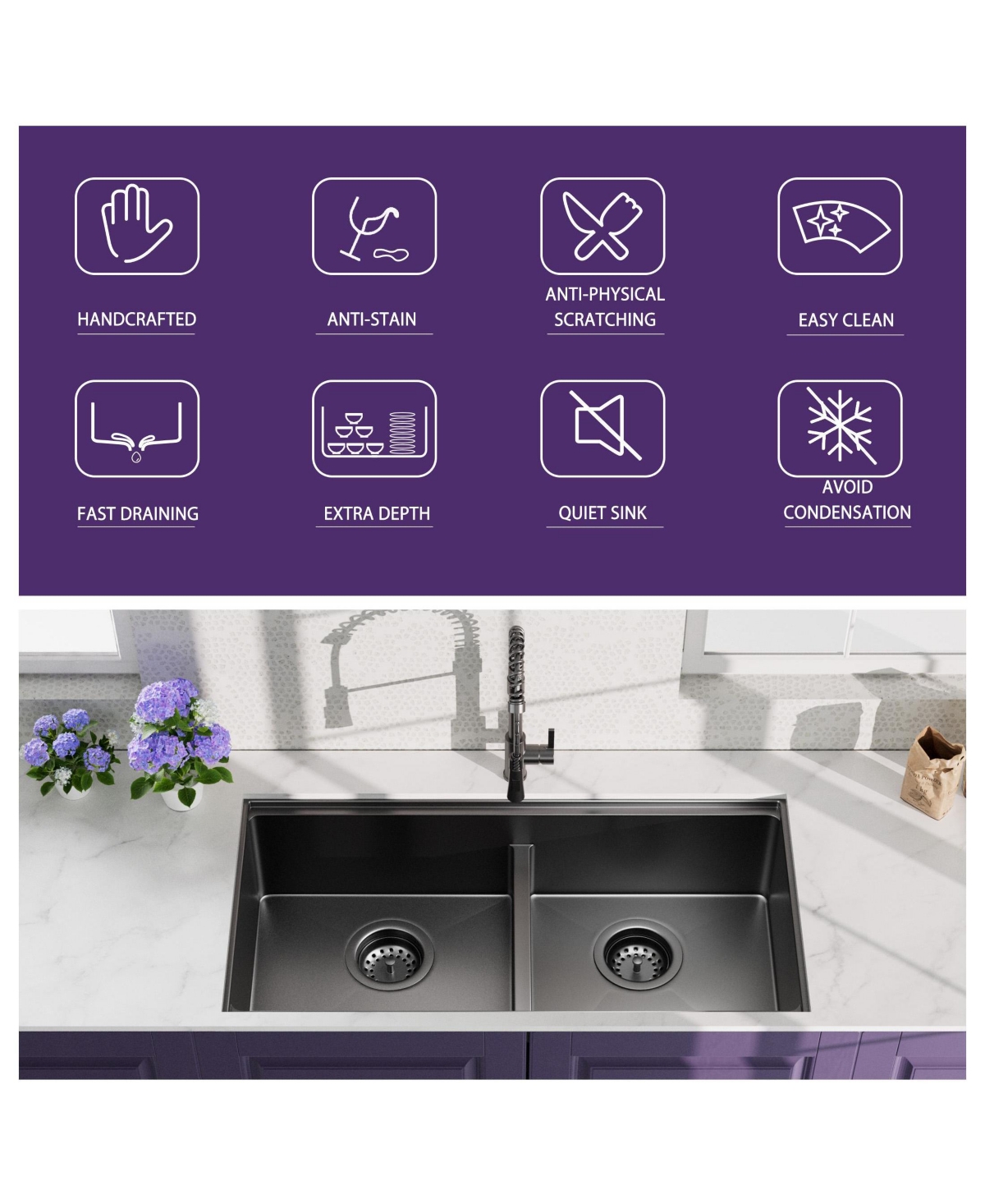 flynama huluwat 33x19x10inch Gunmetal Black Undermount Double Bowl Kitchen Sink All In One Stainless Steel