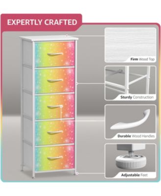 Narrow 5 Drawers Nightstand with Steel Frame, Wood Top, Easy Pull Fabric Bins