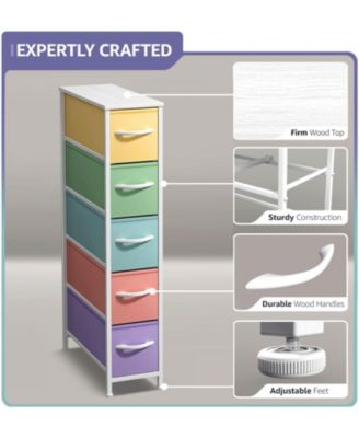 Narrow Dresser with 5 Drawers - Steel Frame, Wood Top & Easy Pull Fabric Bins