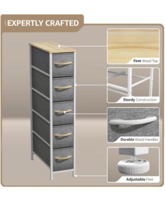 Narrow Dresser with 5 Drawers - Steel Frame, Wood Top & Easy Pull Fabric Bins