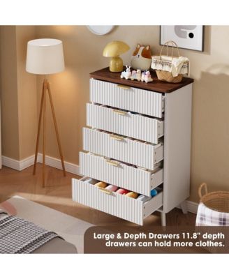 Fluted Dresser for Bedroom, 5 Deep Drawer Modern Wood Storage Chest, White