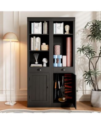 71" Tall Bookcase with Door & Drawer, 5-Tier Narrow Bookshelf with Adjustable Shelf for Home Office, Black