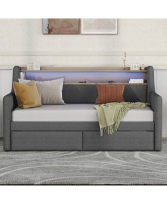Daybed with Storage Drawers, Upholstered Daybed with Charging Station and LED Lights