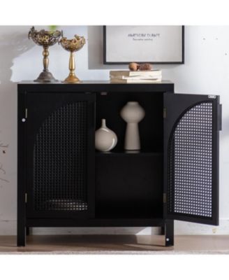 Black Rattan Accent Cabinet with Doors & Adjustable Shelf