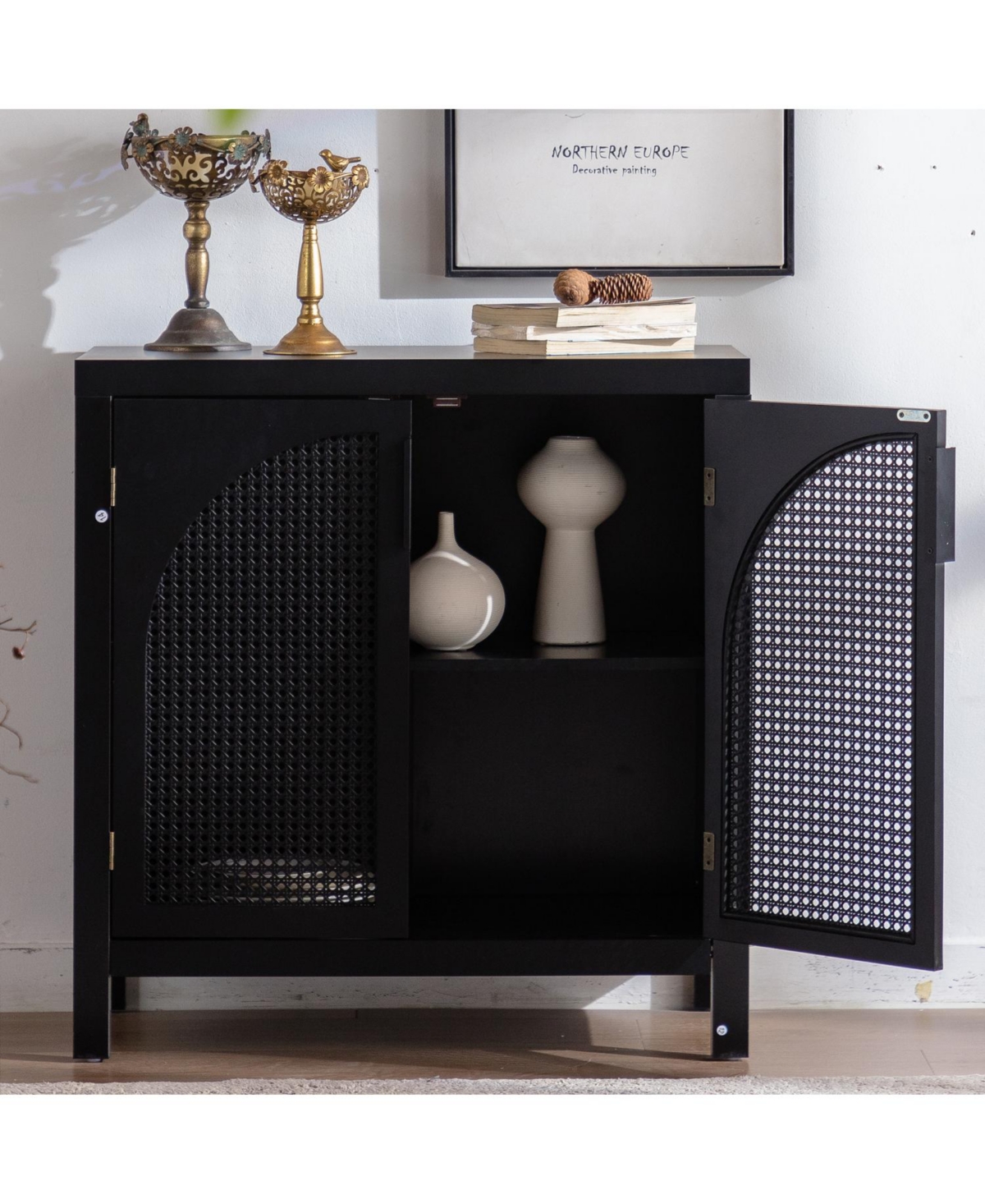 Streamdale Furniture Black Rattan Accent Cabinet with Doors & Adjustable Shelf