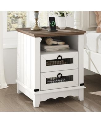 End Table Farmhouse Side Table 24" Nightstand Industrial End Table with Charging Station 2 Drawers Bed Side Table Open Cubby