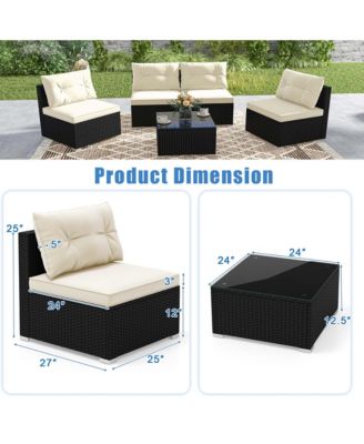 5 Pieces Outdoor Furniture Set with Seat & Back Cushions Tempered Glass Tabletop