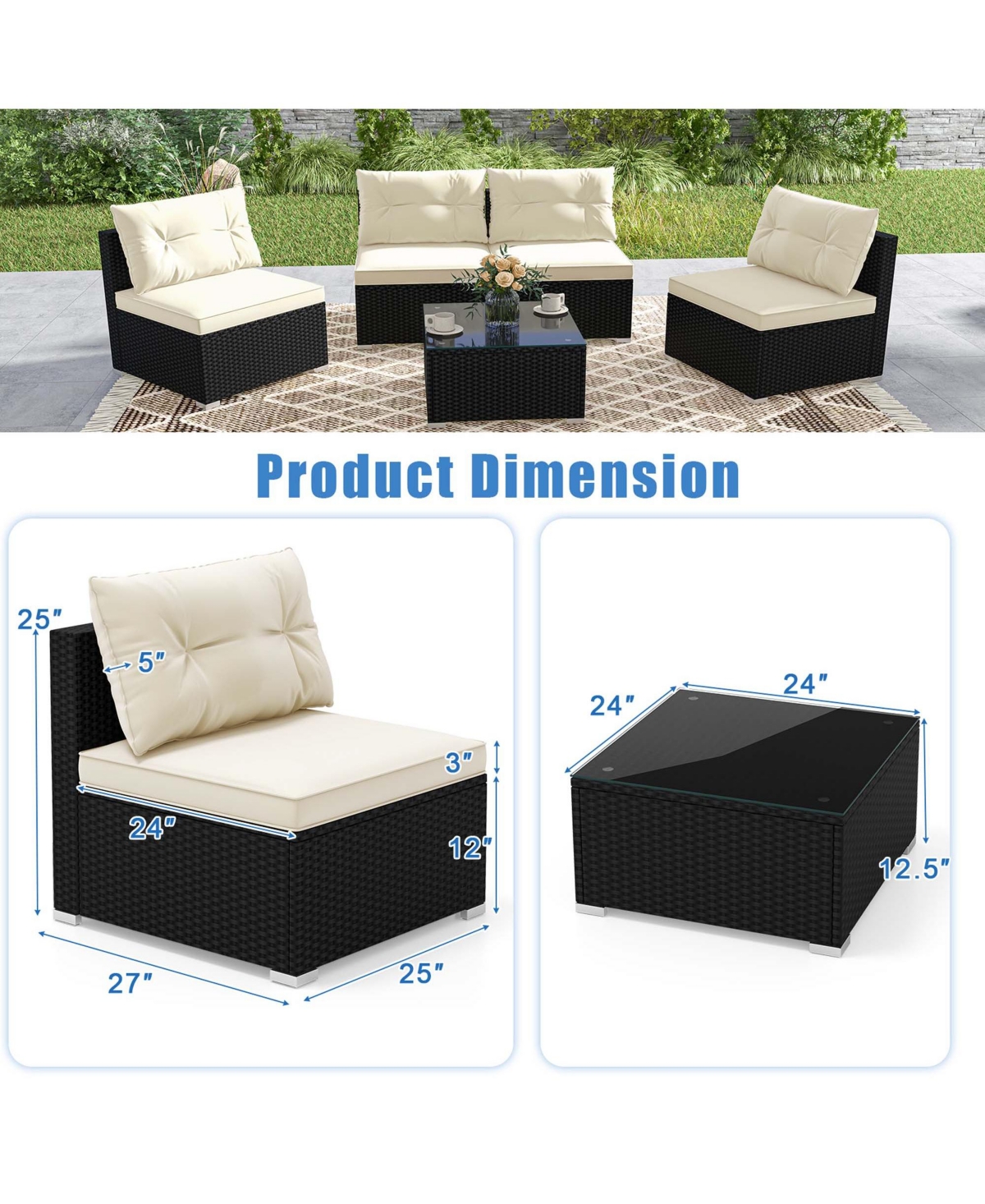 Costway 5 Pieces Outdoor Furniture Set with Seat & Back Cushions Tempered Glass Tabletop