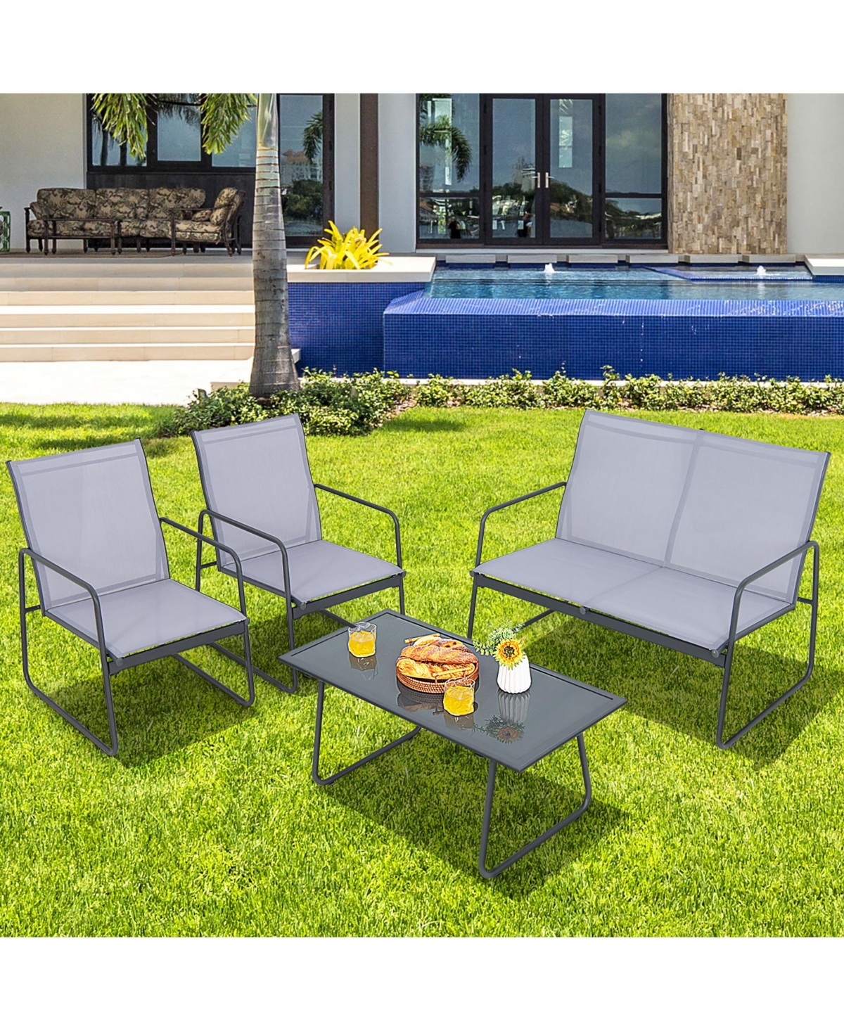 Costway 4-Piece Metal Patio Furniture Chat Set Outdoor Conversation Table Garden