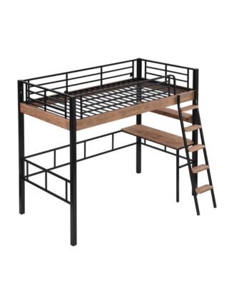 Metal Twin Size Loft Bed with Built-In Desk, Storage Shelf and Ladder