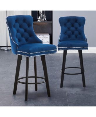 Streamdale Navy Blue Velvet Swivel Bar Stools with Ring Pull, Set of 2