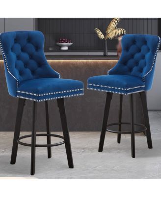 Streamdale Navy Blue Velvet Swivel Bar Stools with Ring Pull, Set of 2