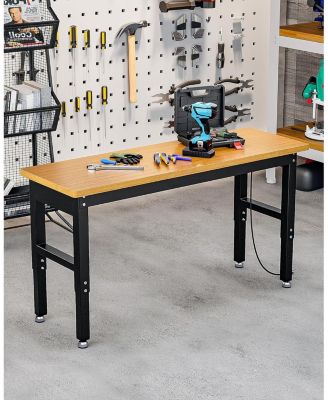 60 Inch Work Bench, 2200 LBS Capacity Solid Wood Top Garage Workbench, Adjust Height Work Table with Power Outlets & Sturdy Steel Frame