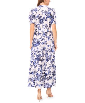 Women's Short-Sleeve Button-Front Tiered Maxi Dress