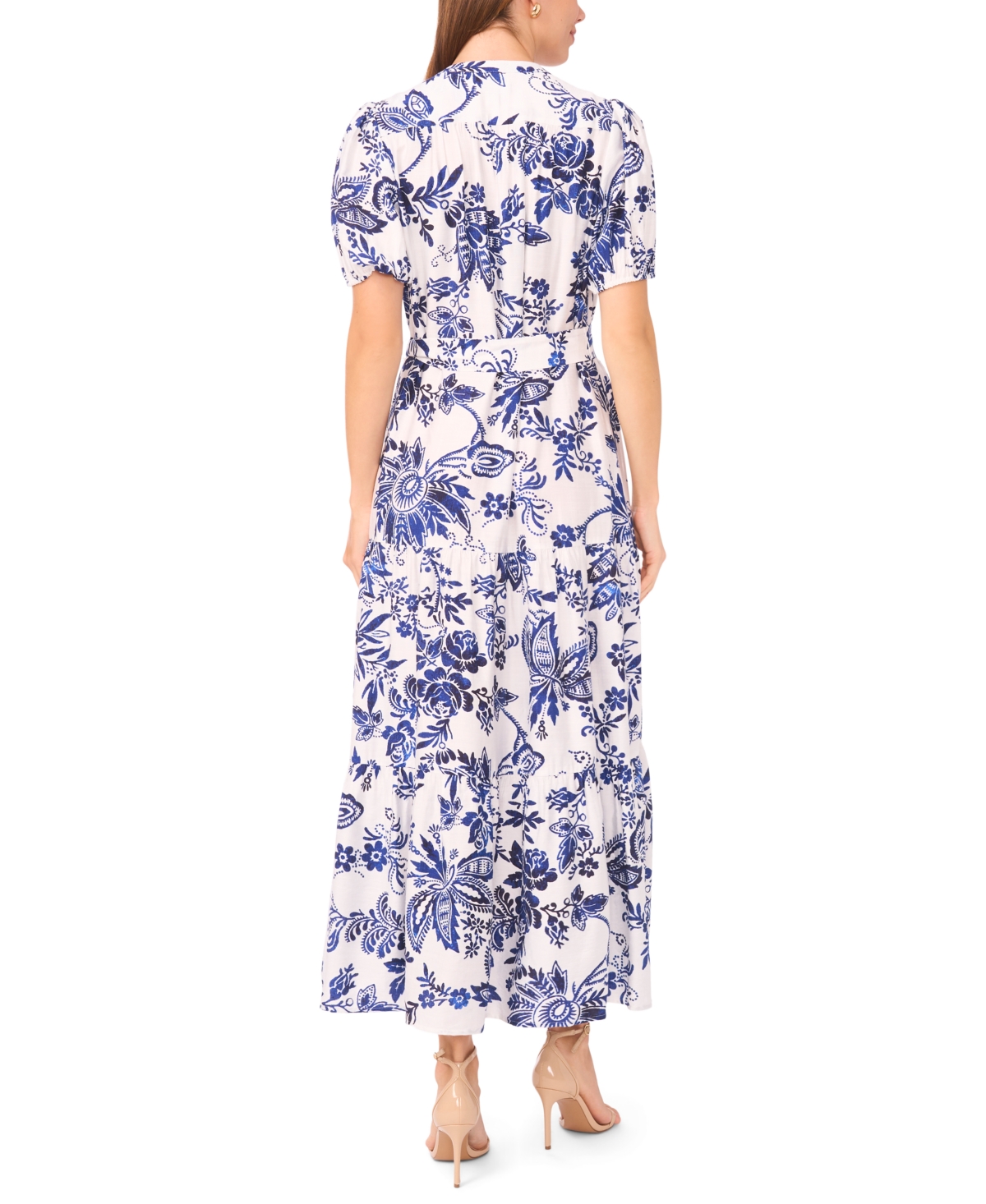 Msk Women's Short-Sleeve Button-Front Tiered Maxi Dress