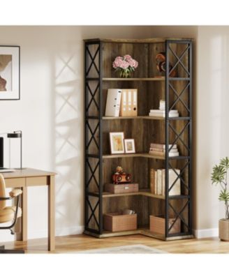 71 Inch Tall Corner Pantry, 5-Tier Industrial Corner Storage Shelf, Wood and Metal L-Shaped Kitchen Cabinet