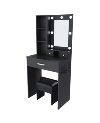 Vanity Table with LED Lights, Power, Hairdryer Holder & Stool - Black