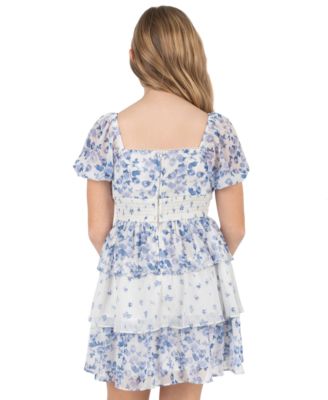 Girls' 7-16 Mixed Print Ruched Puff-Sleeve Dress