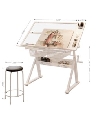 Adjustable Tempered Glass Drafting Table with Chair & Storage