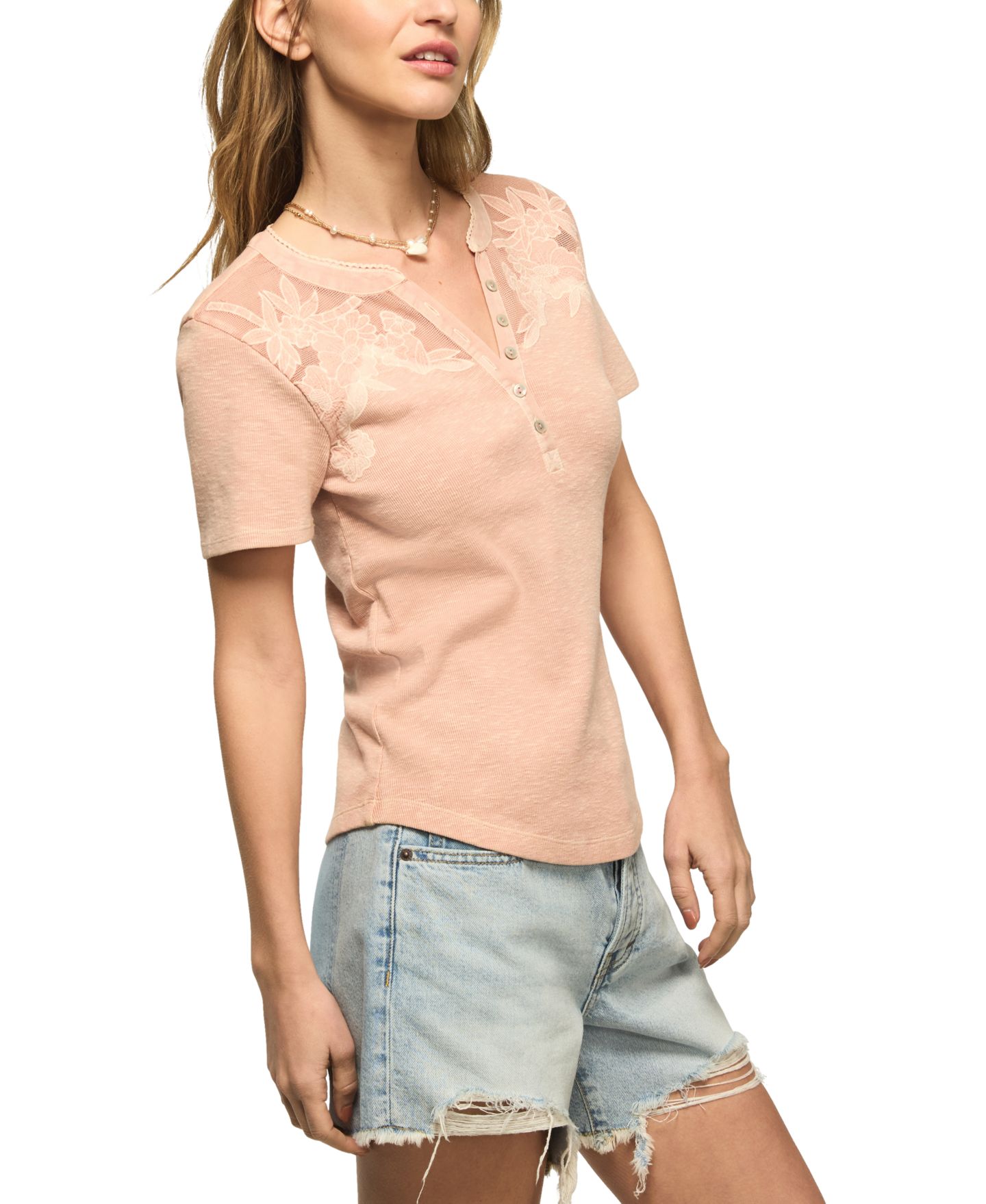 Женский топ Lucky Brand Short-Sleeve Cutwork Henley, цвет: Сепия розовый — фото 3