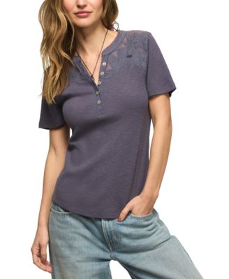 Women's Short-Sleeve Cutwork Henley Top