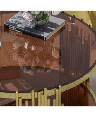31.5" Modern Gold Coffee Table, Brown Tempered Glass, Stainless Steel Legs