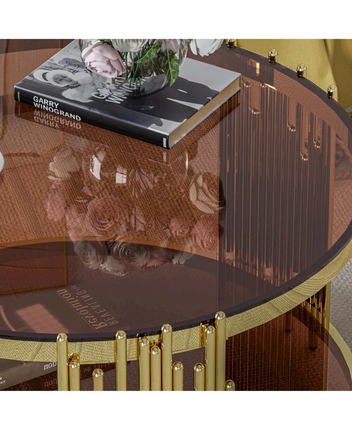 Streamdale Furniture 31.5" Modern Gold Coffee Table, Brown Tempered Glass, Stainless Steel Legs