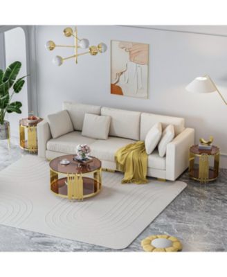 31.5" Modern Gold Coffee Table, Brown Tempered Glass, Stainless Steel Legs