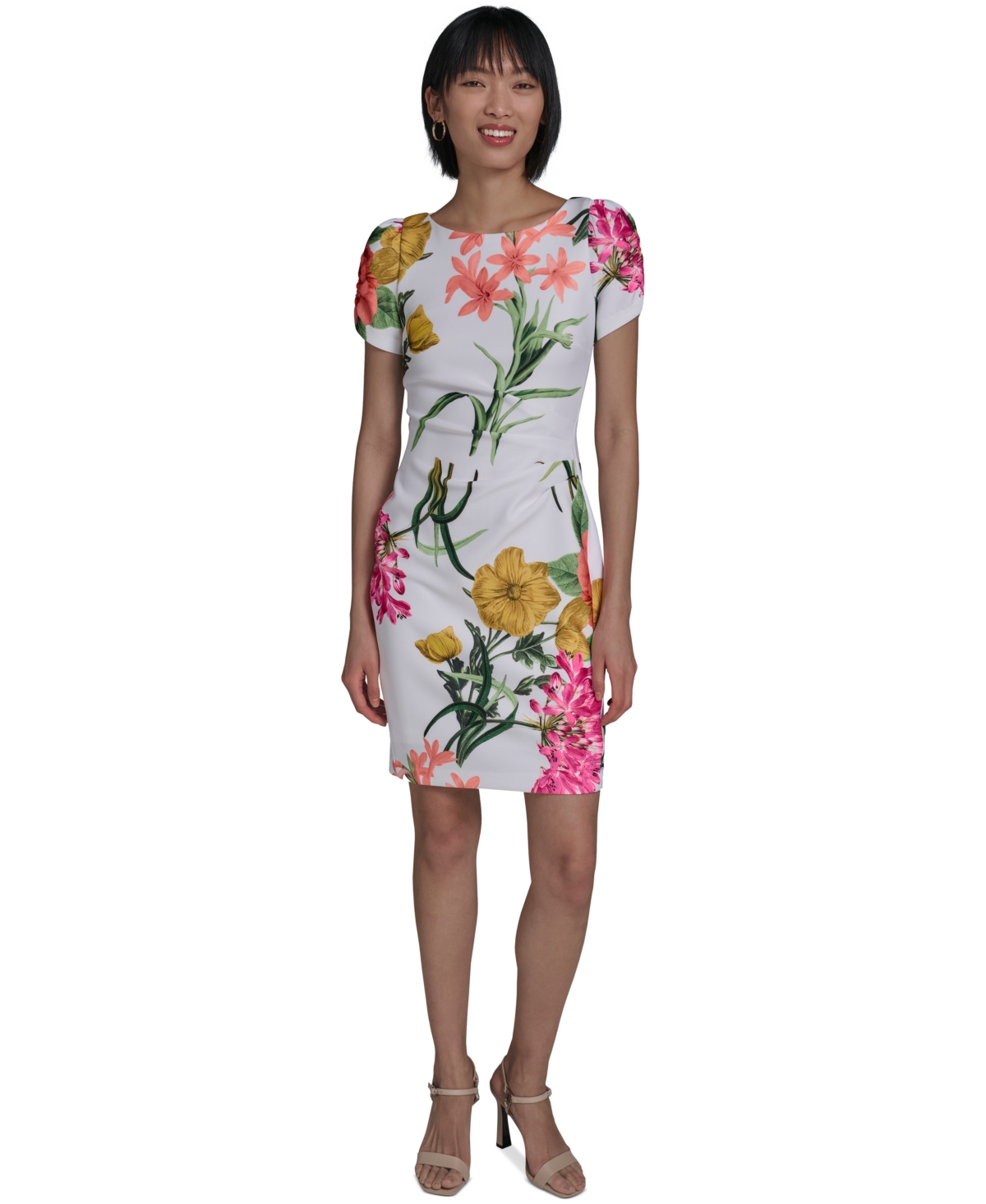 Karl Lagerfeld Paris Women's Printed Puff-Sleeve Dress - Soft White/Camelia Combo
