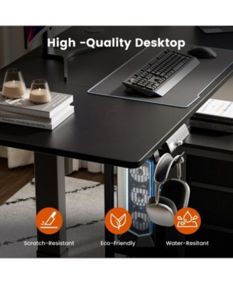 47x24" Sit-Stand Desk Height Adjustable Computer Desk with 2 Hooks, Storage Drawers, Printer Cabinet, Brown