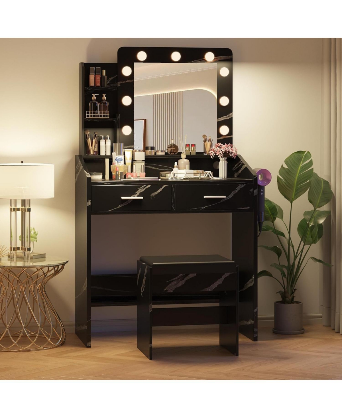 gaomon Vanity Desk with Mirror and Lights, Makeup Vanity with Power Outlet