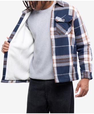 Men's Cotton Plaid Flannel Button-Up Shirt Jacket With Faux Shearling Lining