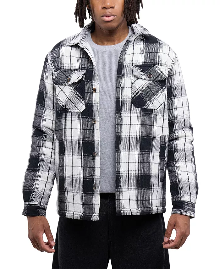 Men's Cotton Plaid Flannel Button-Up Shirt Jacket With Faux Shearling Lining