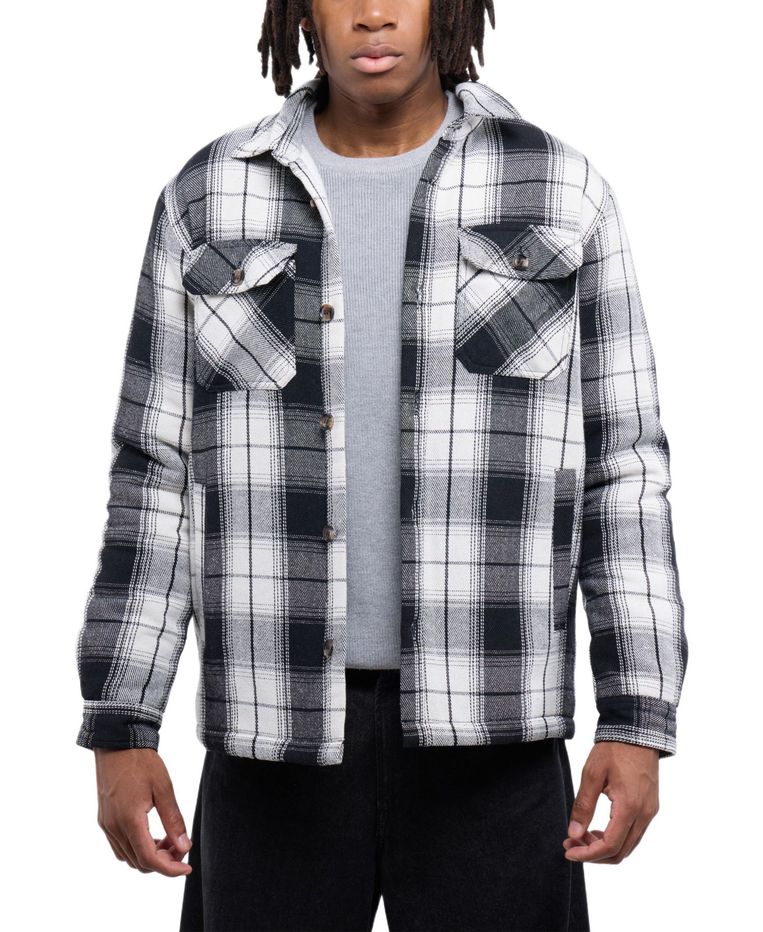 Men's Cotton Plaid Flannel Button-Up Shirt Jacket With Faux Shearling Lining